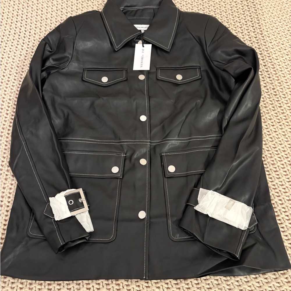 NWT WeWoreWhat Black Faux Leather Jacket with White Stitching